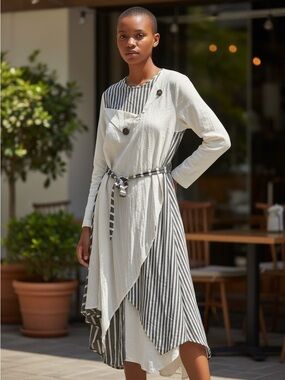 Riva Asymmetrical White & Black Striped Midi Dress